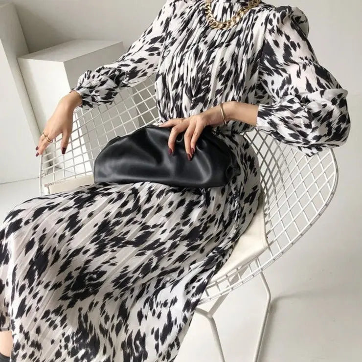 Full Sleeve Dress Elegant Hit Color Female Lace-up Printed Midi Dress Vestidos - Blade & Thread