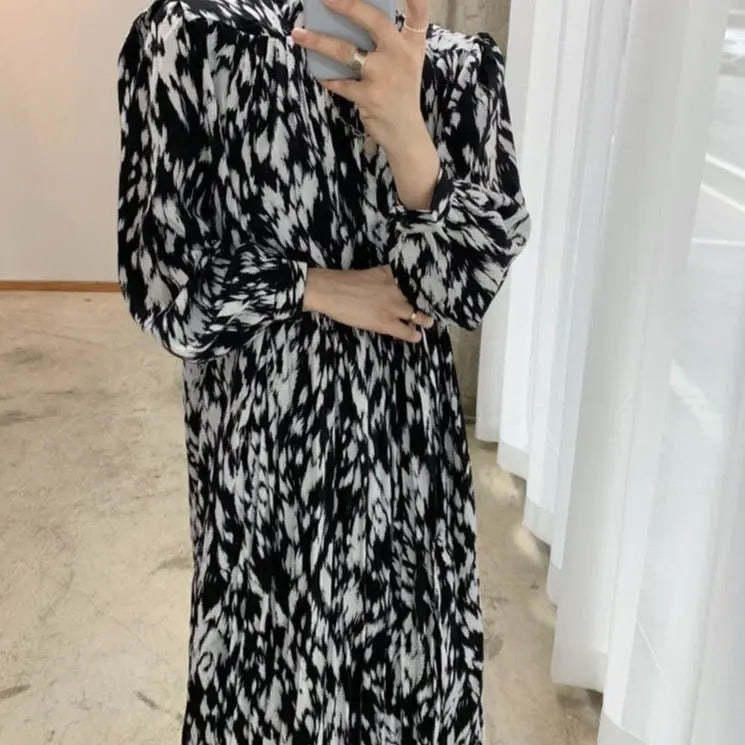 Full Sleeve Dress Elegant Hit Color Female Lace-up Printed Midi Dress Vestidos - Blade & Thread