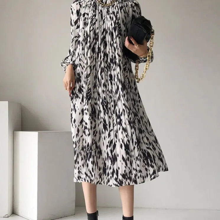 Full Sleeve Dress Elegant Hit Color Female Lace-up Printed Midi Dress Vestidos - Blade & Thread