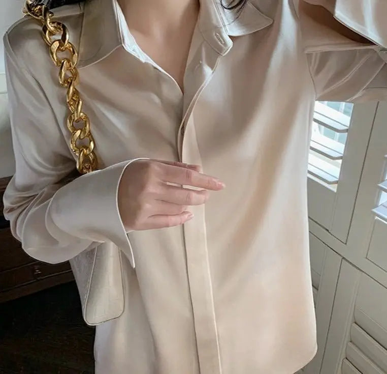 Full Sleeve Ladies Satin Blouses Blusas Single-breasted Loose Women Shirts - Blade & Thread