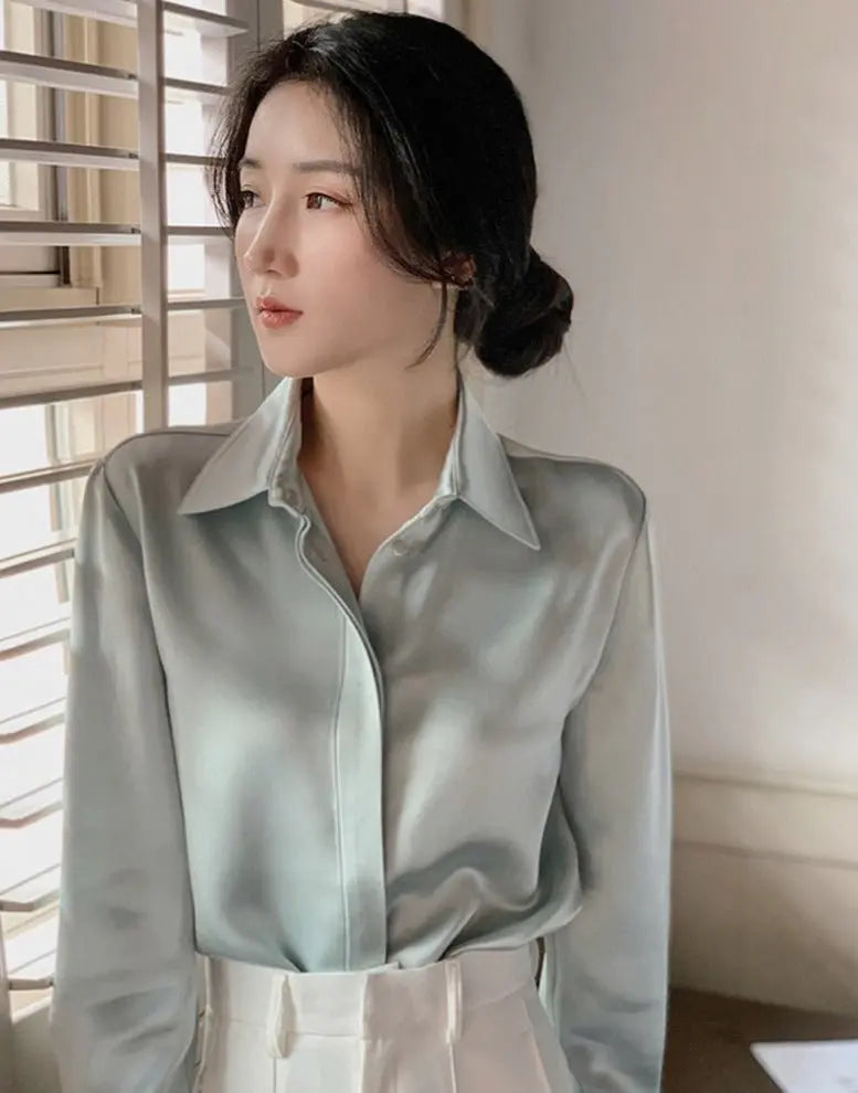 Full Sleeve Ladies Satin Blouses Blusas Single-breasted Loose Women Shirts - Blade & Thread
