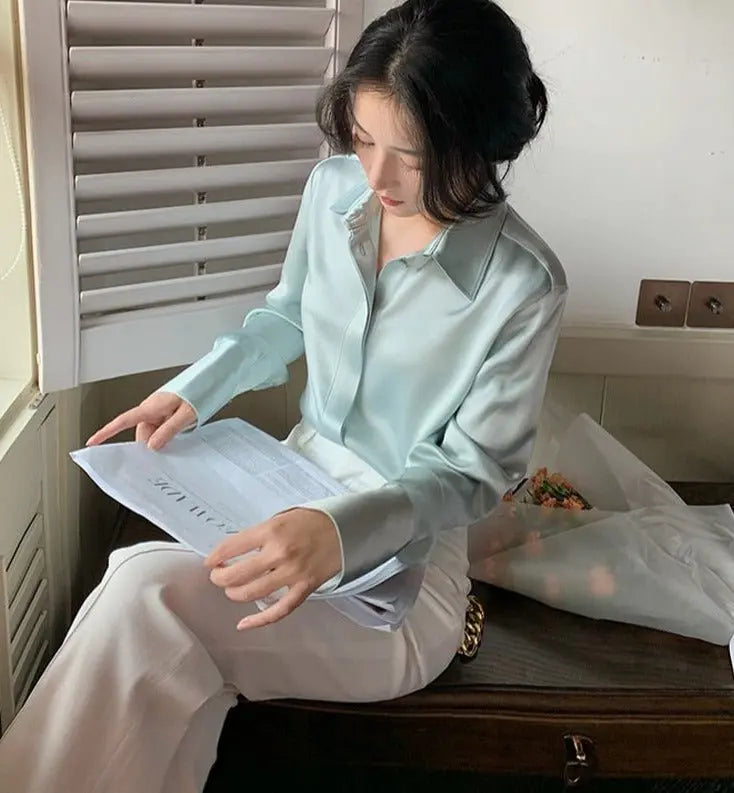 Full Sleeve Ladies Satin Blouses Blusas Single-breasted Loose Women Shirts - Blade & Thread