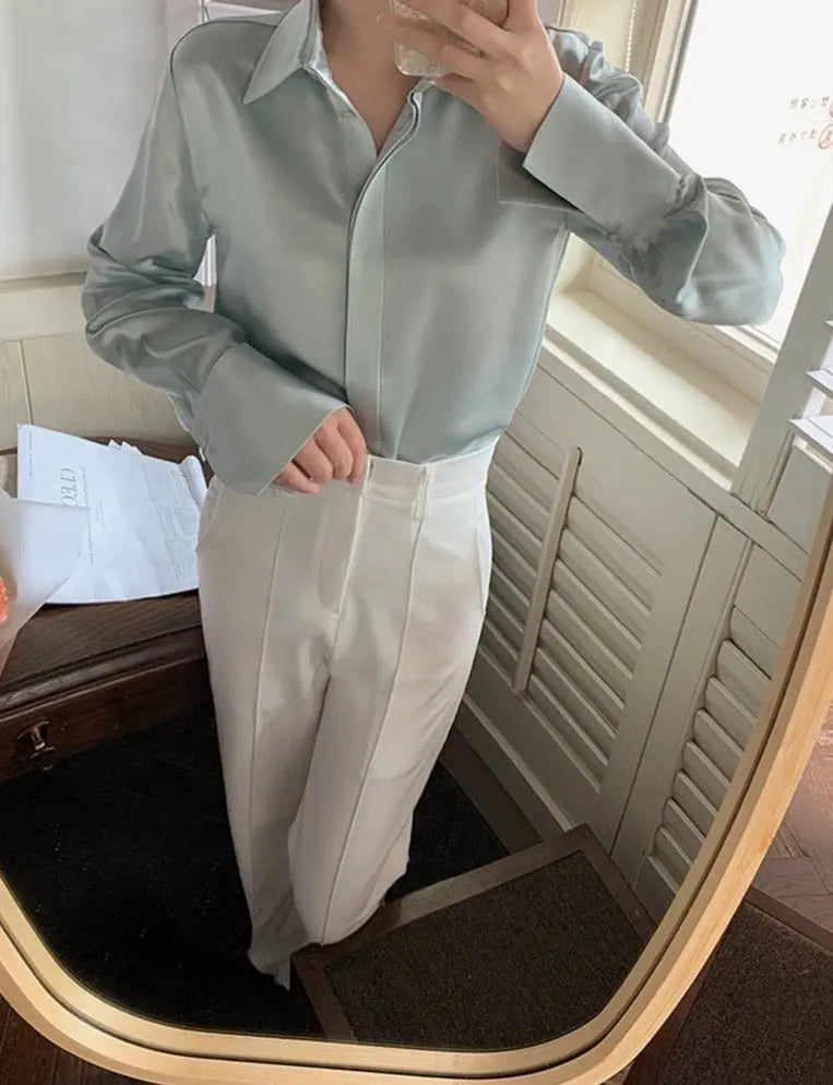 Full Sleeve Ladies Satin Blouses Blusas Single-breasted Loose Women Shirts - Blade & Thread