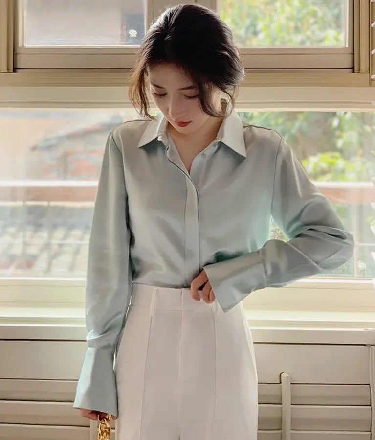Full Sleeve Ladies Satin Blouses Blusas Single-breasted Loose Women Shirts - Blade & Thread