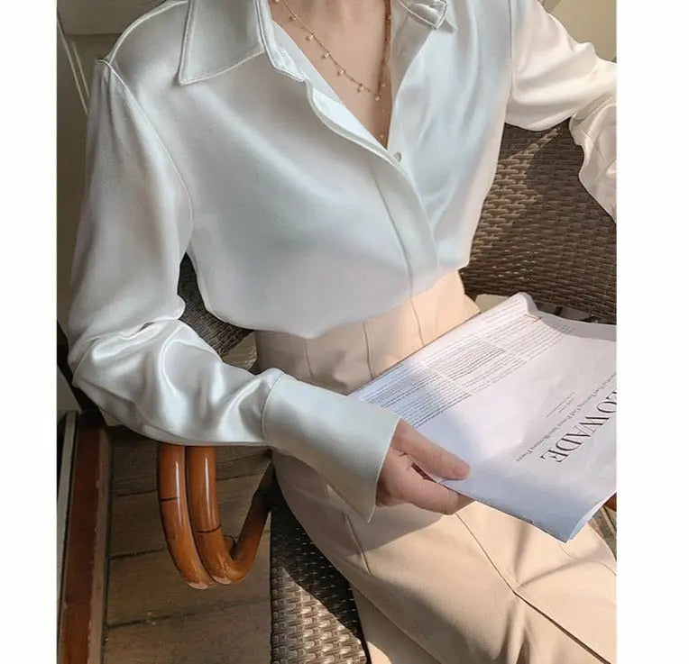 Full Sleeve Ladies Satin Blouses Blusas Single-breasted Loose Women Shirts - Blade & Thread