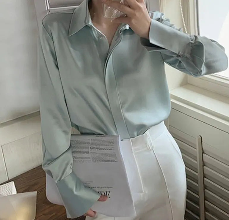 Full Sleeve Ladies Satin Blouses Blusas Single-breasted Loose Women Shirts - Blade & Thread