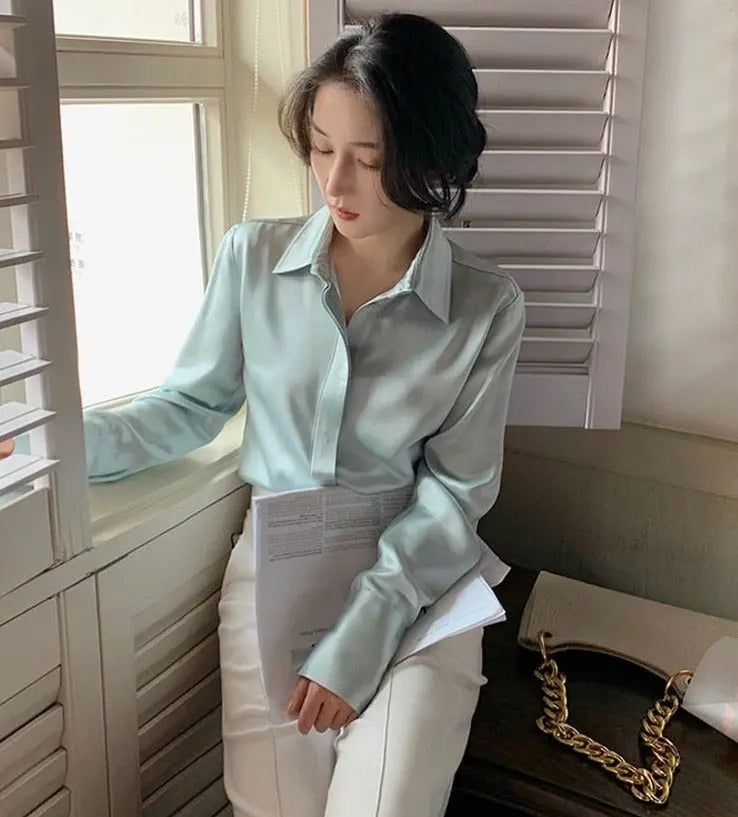 Full Sleeve Ladies Satin Blouses Blusas Single-breasted Loose Women Shirts - Blade & Thread