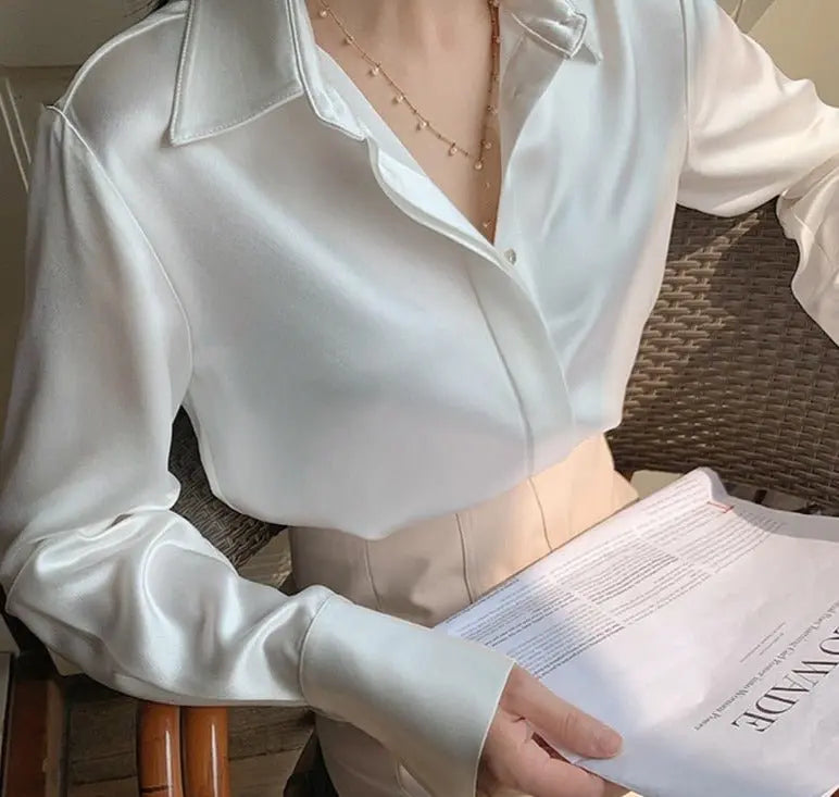 Full Sleeve Ladies Satin Blouses Blusas Single-breasted Loose Women Shirts - Blade & Thread