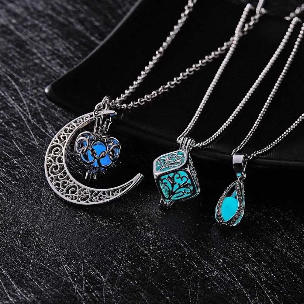 Glow In The Dark Necklace Moon Square Heart Necklaces For Woman Hollow Water Drop Pendant - Blade & Thread
