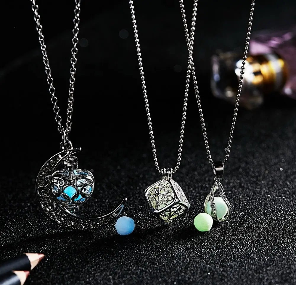 Glow In The Dark Necklace Moon Square Heart Necklaces For Woman Hollow Water Drop Pendant - Blade & Thread