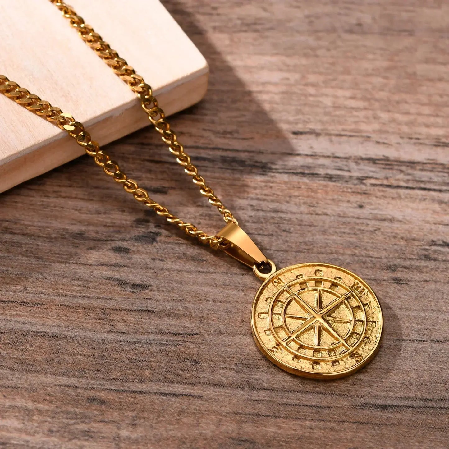 Gold Compass Necklaces,Vintage Viking North Star Anchor Medal - Blade & Thread
