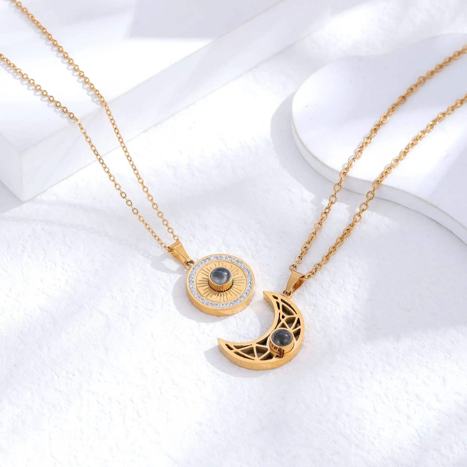 Gold sun and moon projection matching necklaces for couples - Blade & Thread