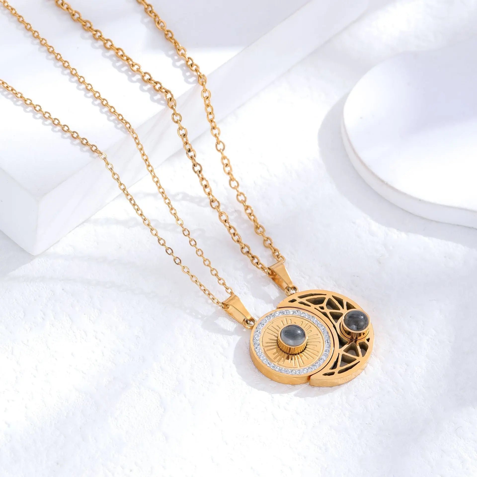 Gold sun and moon projection matching necklaces for couples - Blade & Thread