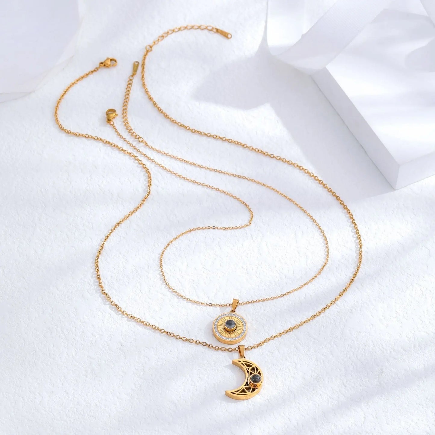 Gold sun and moon projection matching necklaces for couples - Blade & Thread