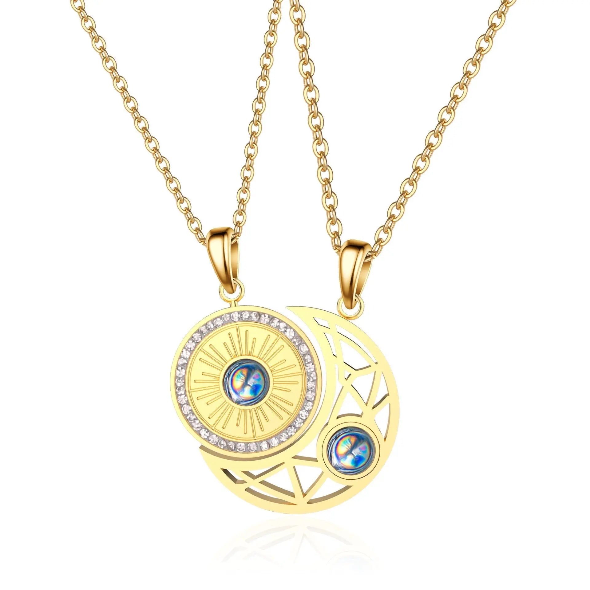 Gold sun and moon projection matching necklaces for couples - Blade & Thread