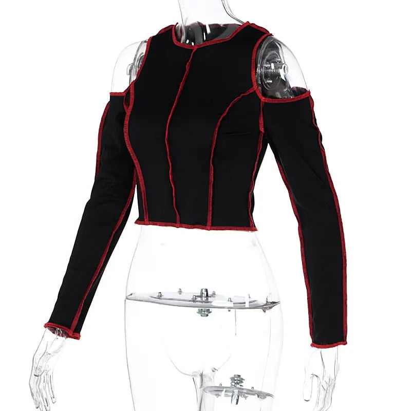 Goth Hollow Out Fashion Tshirt Women Long Sleeve Crop Top T Shirt Punk Streetwear Gothic Tee nowadaysfashion