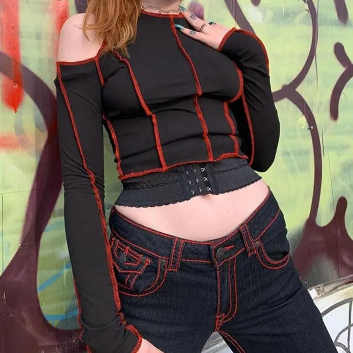 Goth Hollow Out Fashion Tshirt Women Long Sleeve Crop Top T Shirt Punk Streetwear Gothic Tee nowadaysfashion