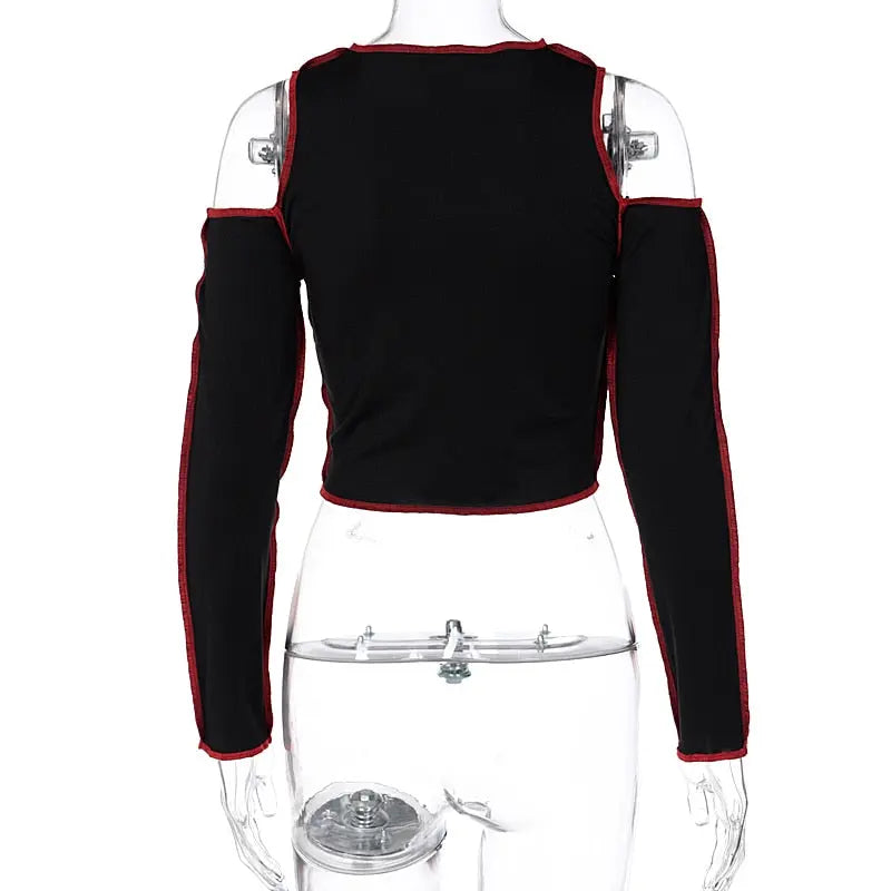 Goth Hollow Out Fashion Tshirt Women Long Sleeve Crop Top T Shirt Punk Streetwear Gothic Tee nowadaysfashion
