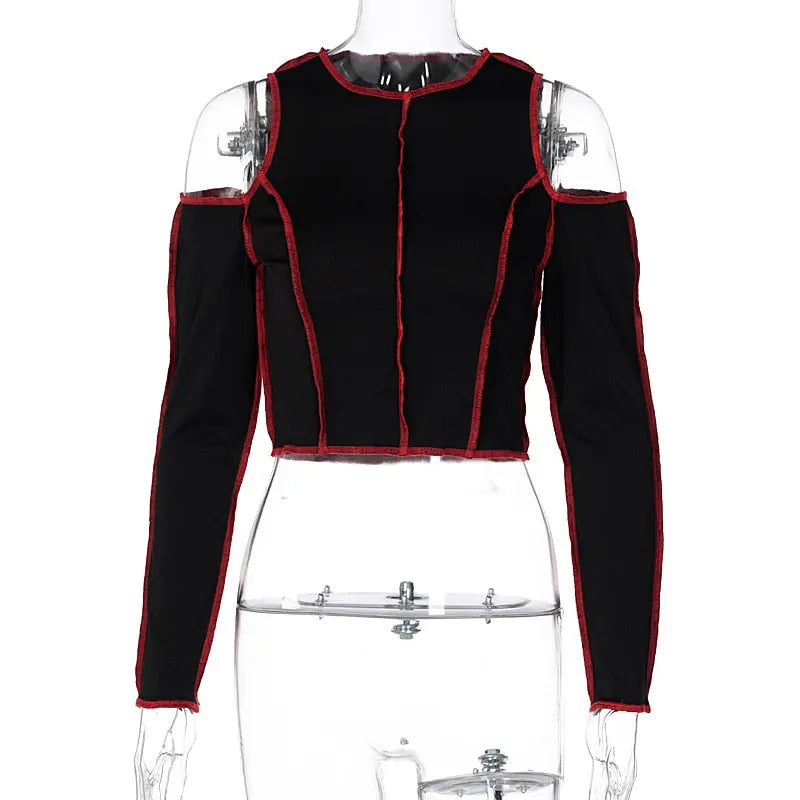 Goth Hollow Out Fashion Tshirt Women Long Sleeve Crop Top T Shirt Punk Streetwear Gothic Tee nowadaysfashion