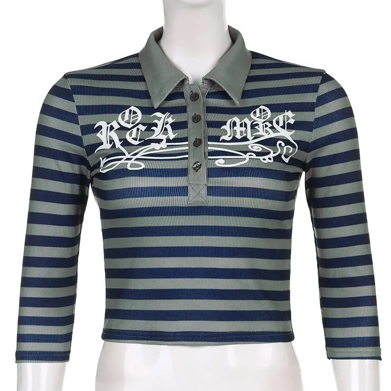 Goth Print Tops Stripe Cute T-Shirts Dark Academia Techwear Button Up V Neck Half Sleeve Sweat Shirts - Blade & Thread