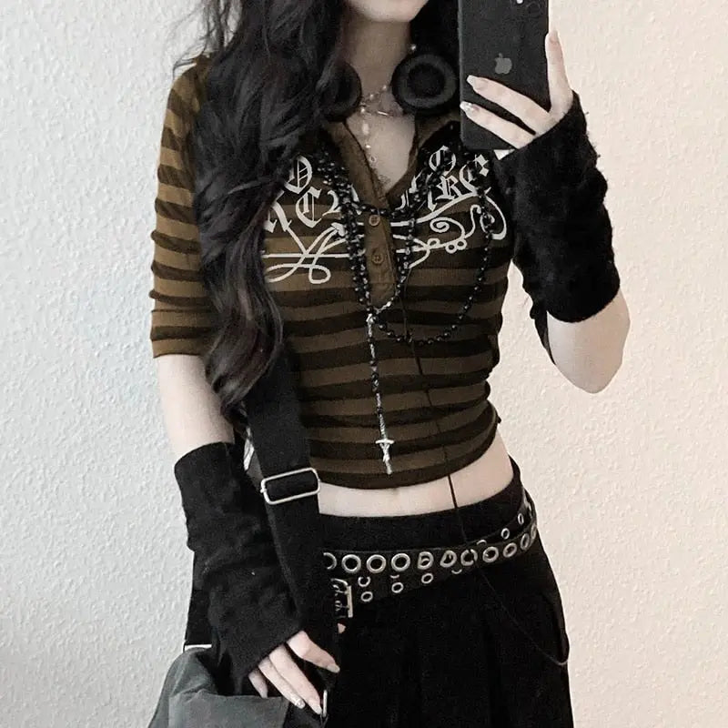 Goth Print Tops Stripe Cute T-Shirts Dark Academia Techwear Button Up V Neck Half Sleeve Sweat Shirts - Blade & Thread
