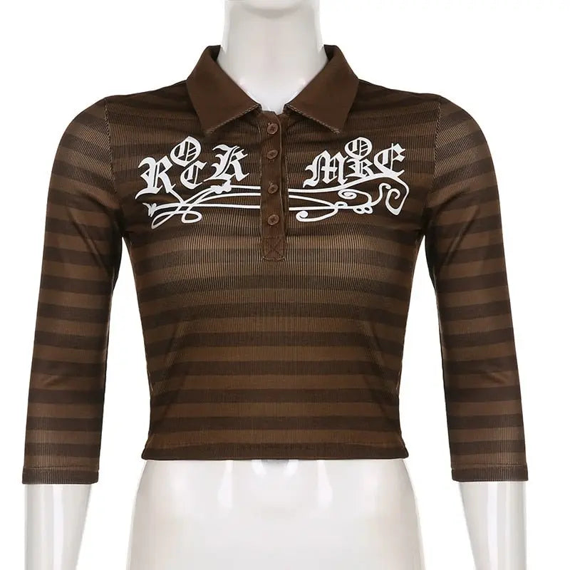 Goth Print Tops Stripe Cute T-Shirts Dark Academia Techwear Button Up V Neck Half Sleeve Sweat Shirts - Blade & Thread