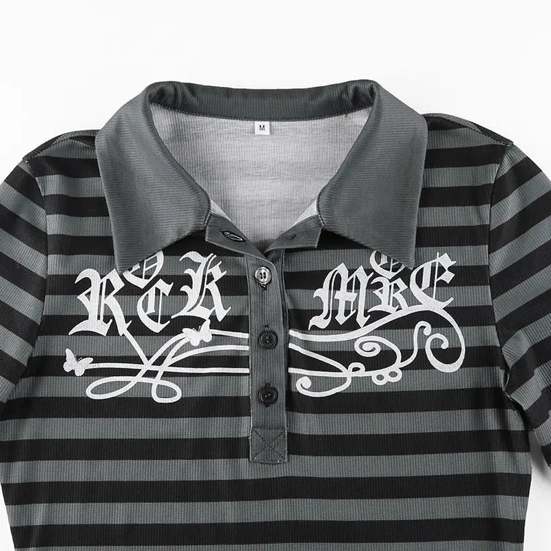 Goth Print Tops Stripe Cute T-Shirts Dark Academia Techwear Button Up V Neck Half Sleeve Sweat Shirts - Blade & Thread