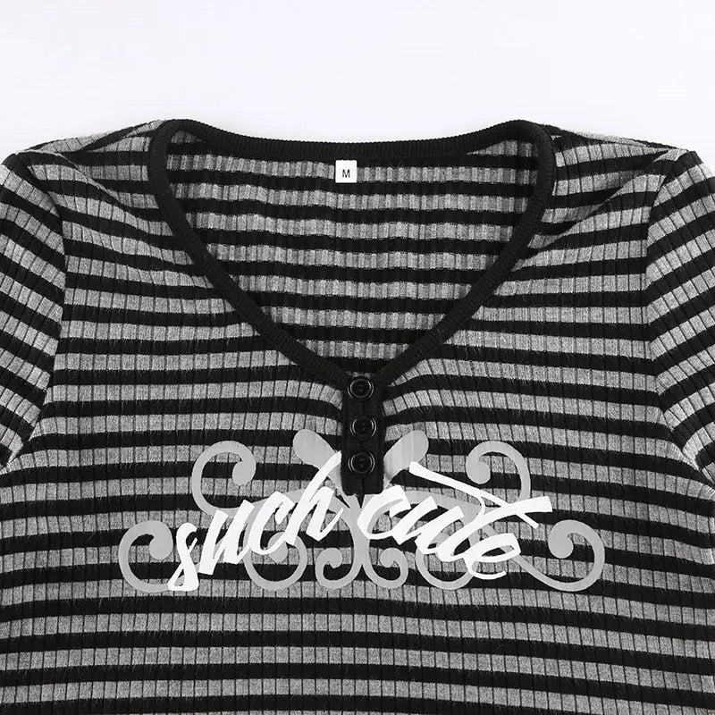 Goth Print Tops Stripe Cute T-Shirts Dark Academia Techwear Button Up V Neck Half Sleeve Sweat Shirts - Blade & Thread
