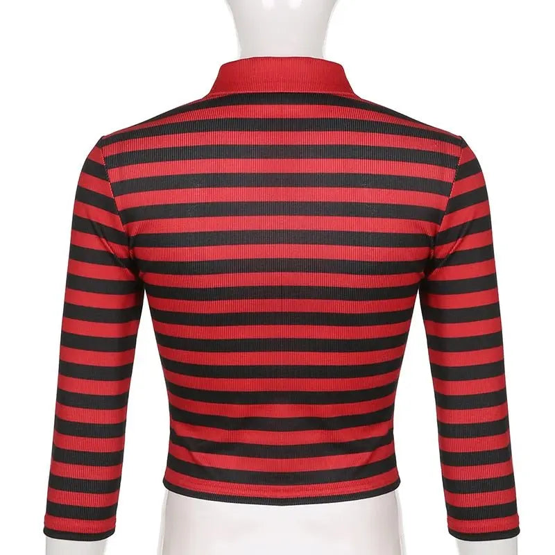 Goth Print Tops Stripe Cute T-Shirts Dark Academia Techwear Button Up V Neck Half Sleeve Sweat Shirts - Blade & Thread