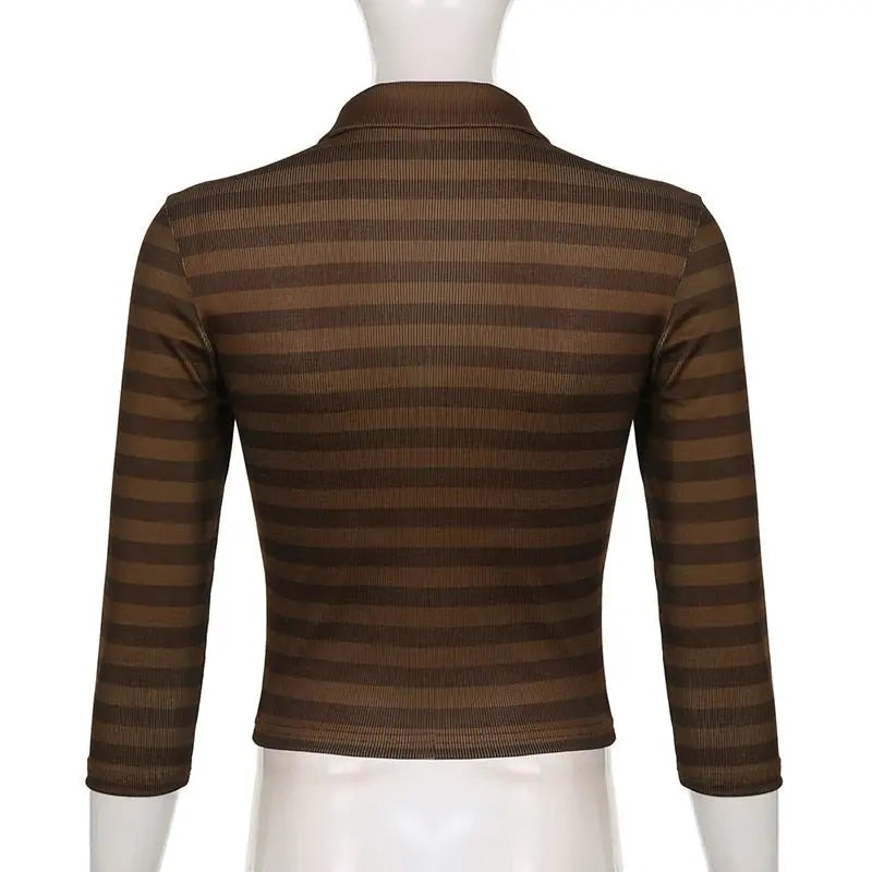 Goth Print Tops Stripe Cute T-Shirts Dark Academia Techwear Button Up V Neck Half Sleeve Sweat Shirts - Blade & Thread