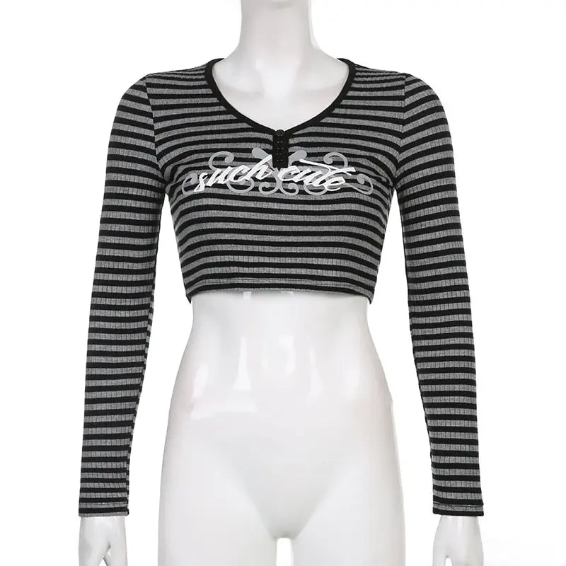 Goth Print Tops Stripe Cute T-Shirts Dark Academia Techwear Button Up V Neck Half Sleeve Sweat Shirts - Blade & Thread