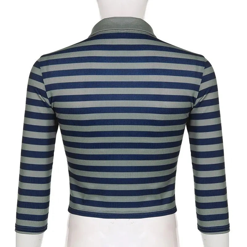 Goth Print Tops Stripe Cute T-Shirts Dark Academia Techwear Button Up V Neck Half Sleeve Sweat Shirts - Blade & Thread