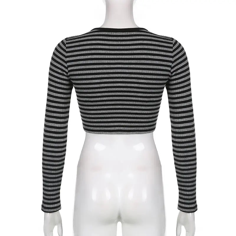Goth Print Tops Stripe Cute T-Shirts Dark Academia Techwear Button Up V Neck Half Sleeve Sweat Shirts - Blade & Thread