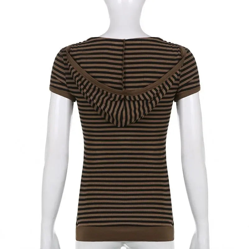 Goth Print Tops Stripe Cute T-Shirts Dark Academia Techwear Button Up V Neck Half Sleeve Sweat Shirts - Blade & Thread