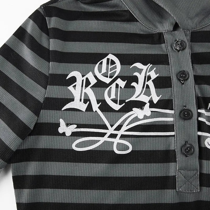 Goth Print Tops Stripe Cute T-Shirts Dark Academia Techwear Button Up V Neck Half Sleeve Sweat Shirts - Blade & Thread