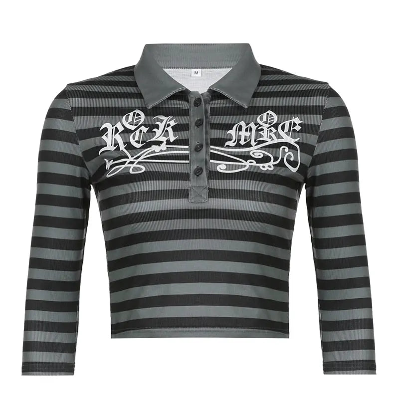 Goth Print Tops Stripe Cute T-Shirts Dark Academia Techwear Button Up V Neck Half Sleeve Sweat Shirts - Blade & Thread
