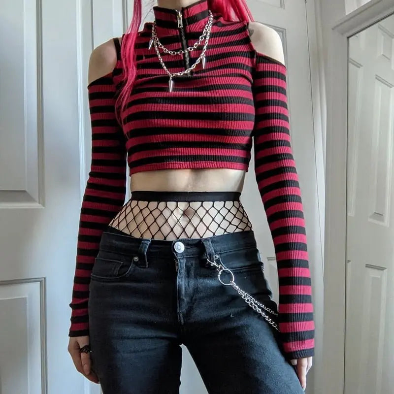Goth Print Tops Stripe Cute T-Shirts Dark Academia Techwear Button Up V Neck Half Sleeve Sweat Shirts - Blade & Thread