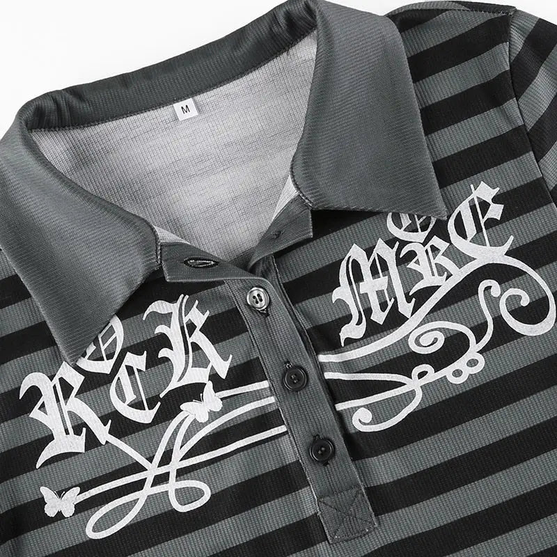 Goth Print Tops Stripe Cute T-Shirts Dark Academia Techwear Button Up V Neck Half Sleeve Sweat Shirts - Blade & Thread
