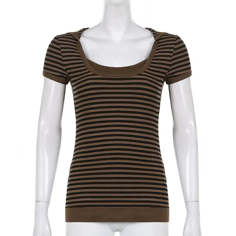 Goth Print Tops Stripe Cute T-Shirts Dark Academia Techwear Button Up V Neck Half Sleeve Sweat Shirts - Blade & Thread