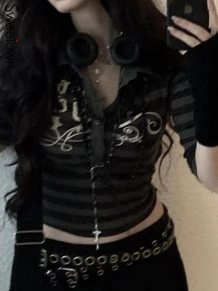 Goth Print Tops Stripe Cute T-Shirts Dark Academia Techwear Button Up V Neck Half Sleeve Sweat Shirts - Blade & Thread