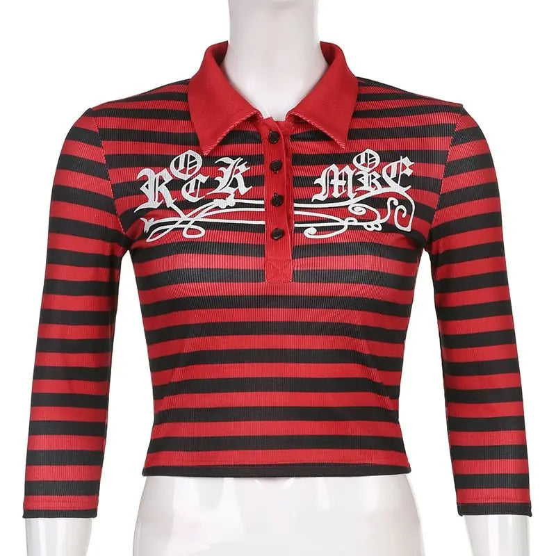 Goth Print Tops Stripe Cute T-Shirts Dark Academia Techwear Button Up V Neck Half Sleeve Sweat Shirts - Blade & Thread