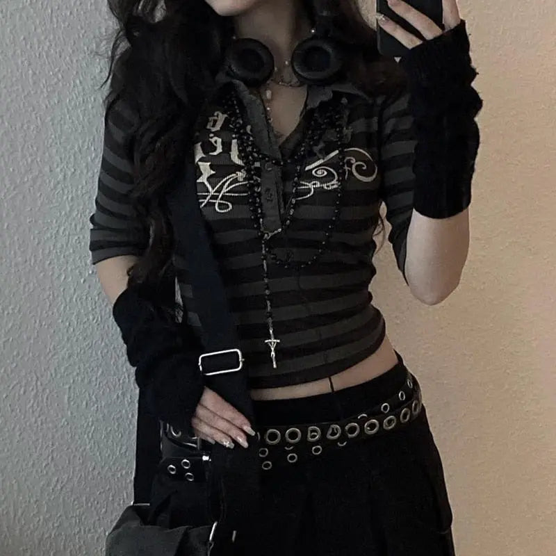 Goth Print Tops Stripe Cute T-Shirts Dark Academia Techwear Button Up V Neck Half Sleeve Sweat Shirts - Blade & Thread