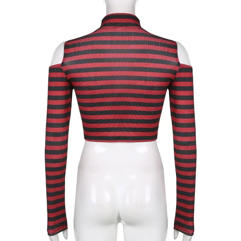 Goth Print Tops Stripe Cute T-Shirts Dark Academia Techwear Button Up V Neck Half Sleeve Sweat Shirts - Blade & Thread