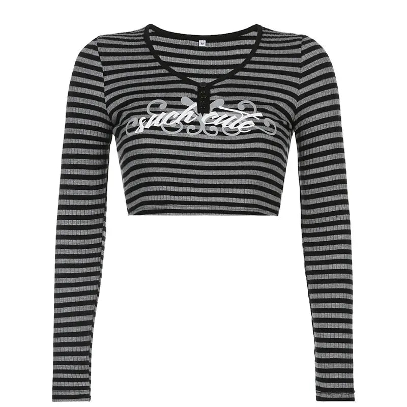 Goth Print Tops Stripe Cute T-Shirts Dark Academia Techwear Button Up V Neck Half Sleeve Sweat Shirts - Blade & Thread