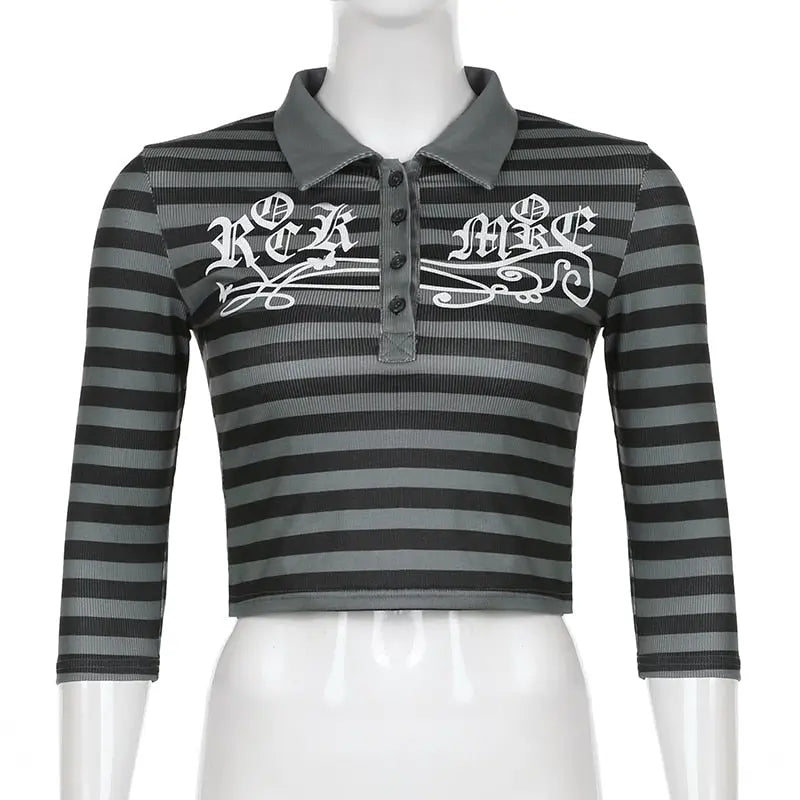 Goth Print Tops Stripe Cute T-Shirts Dark Academia Techwear Button Up V Neck Half Sleeve Sweat Shirts - Blade & Thread
