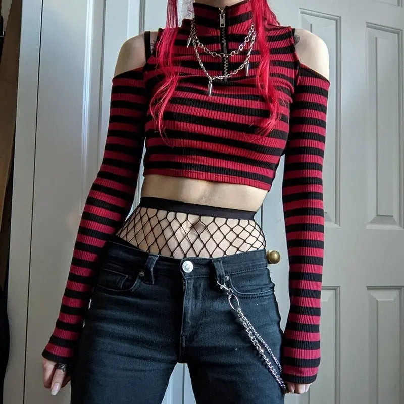 Goth Print Tops Stripe Cute T-Shirts Dark Academia Techwear Button Up V Neck Half Sleeve Sweat Shirts - Blade & Thread