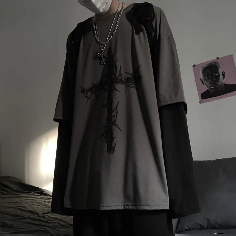 Gothic Style Tshirt Punk Long Sleeve Oversized T-shirt Fake Two-piece Street Fashion Style - Blade & Thread