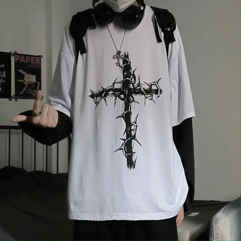 Gothic Style Tshirt Punk Long Sleeve Oversized T-shirt Fake Two-piece Street Fashion Style - Blade & Thread