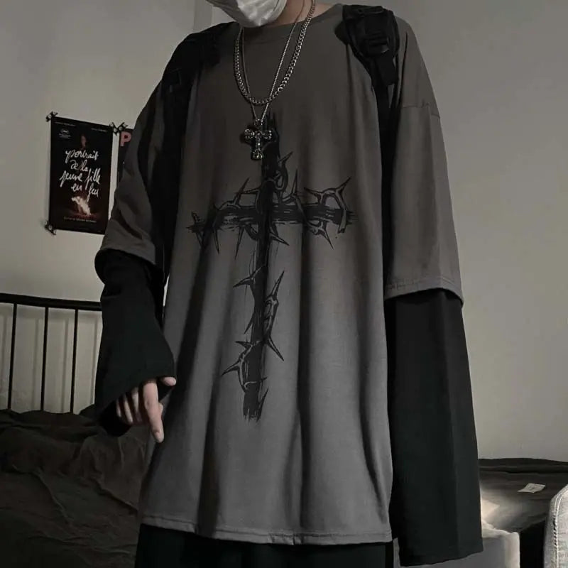 Gothic Style Tshirt Punk Long Sleeve Oversized T-shirt Fake Two-piece Street Fashion Style - Blade & Thread