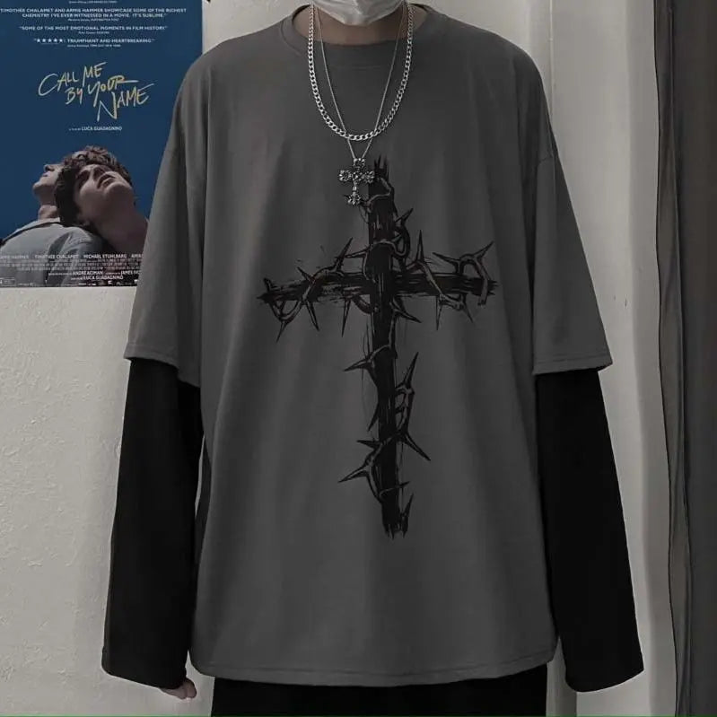 Gothic Style Tshirt Punk Long Sleeve Oversized T-shirt Fake Two-piece Street Fashion Style - Blade & Thread